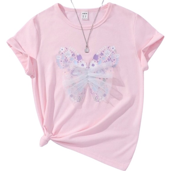 Girls Pink Butterfly Print Bow Front Tee - Picture 1 of 7